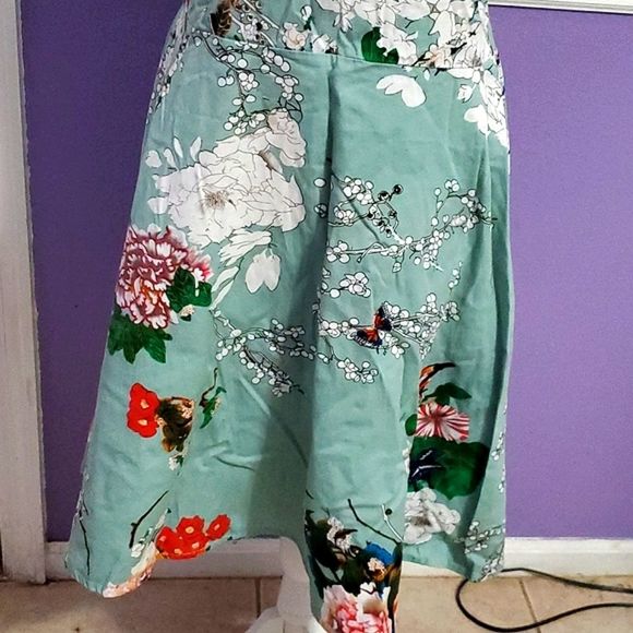 Owin Teal Green Floral Jackie O 60s Sleeveless Fit & Flare Pinup Midi Dress - Picture 5 of 11